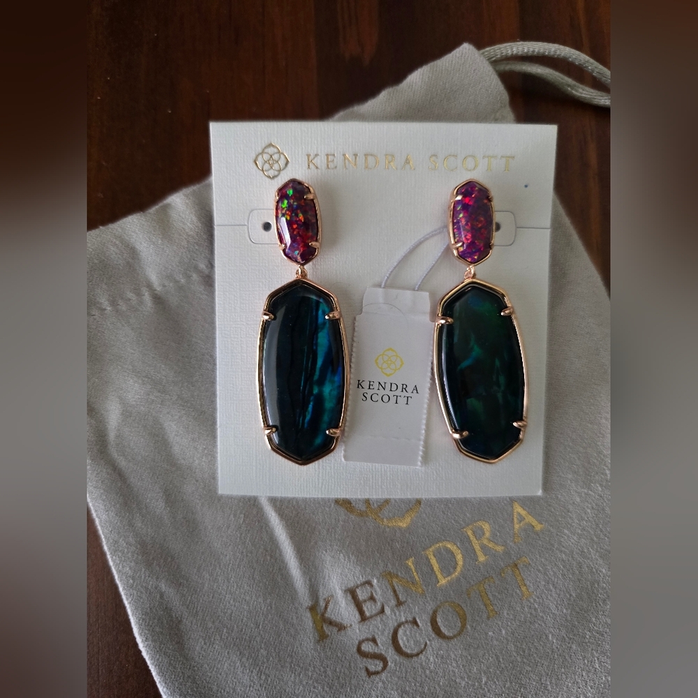 NWT Kendra Scott Elle Statement Earrings Rose Gold Kyocera Opal Teal Illusion